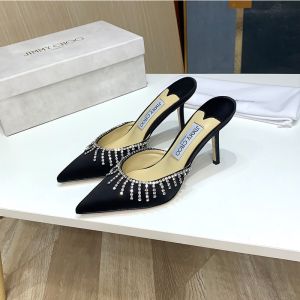 Jimmy Choo Saeda 85 Mules Women Satin With Crystal Honey Chain Black