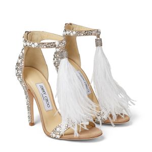 Jimmy Choo Viola 100 Sandals Women Suede With Crystal Embellished And Ostrich Feather Nude