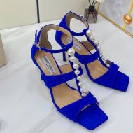 Jimmy Choo Aura 85 Sandals Women Suede With Pearls And Crystals Blue