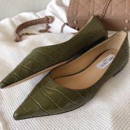 Jimmy Choo Love Flats Women Crocodile Embossed Leather Olive