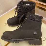 Jimmy Choo Timberland Boots Women Nubuck Leather With Crystal Embellishment Black